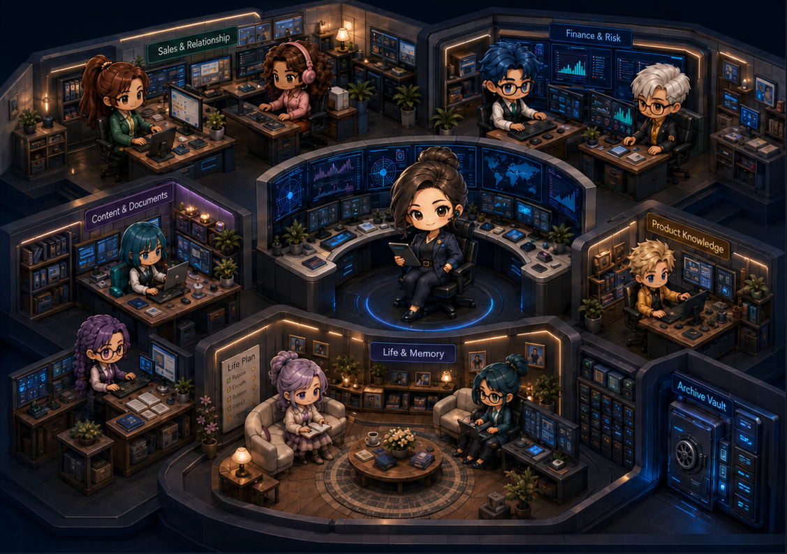Ou AI Command Office scene with agent rooms
