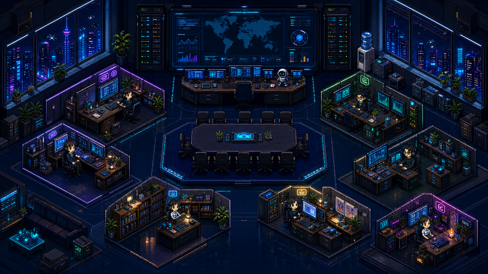 Futuristic personal AI command office with agent rooms
